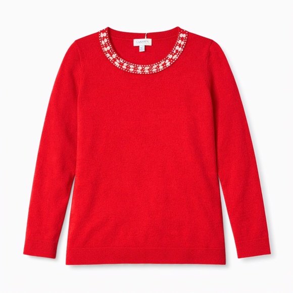 NWT Carmen Marc Valvo L/G red sweater with a crystal-embellished neckline - Picture 3 of 3